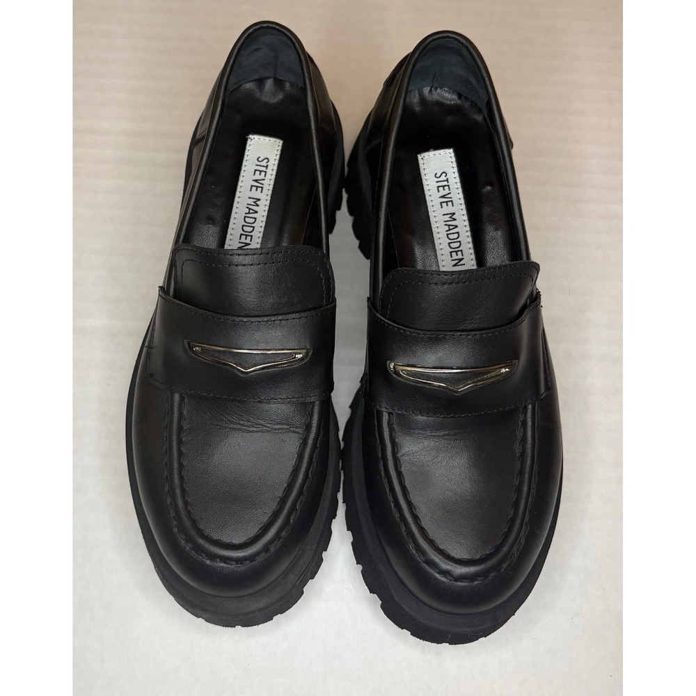 Steve Madden Lawrence Black Leather Chunky Platform Loafers Y2K Academia Sz 5